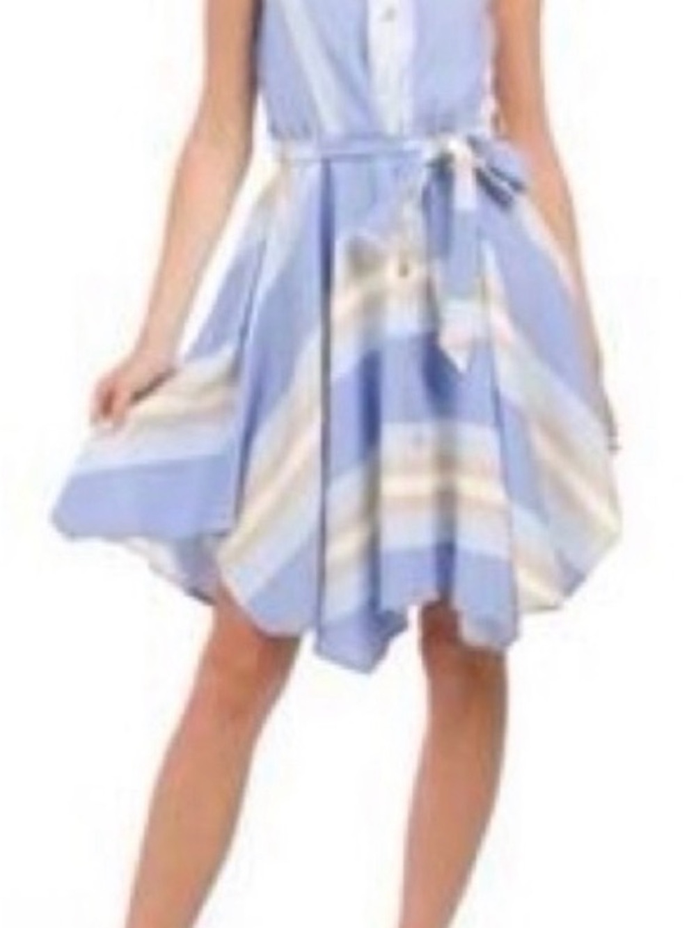 1. State Sleeveless Blue, Tan & Cream Striped Midi Shirt Dress